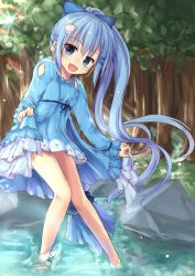 Rule 34 | 1girl, :d, absurdres, barefoot, blue bow, blue dress, blue eyes, blue hair, blurry, blurry background, blush, bow, breasts, clothes lift, day, dress, flower knight girl, forest, hair bow, hair ornament, highres, lens flare, long hair, looking at viewer, nature, nerine (flower knight girl), open mouth, outdoors, ponytail, rock, skirt, skirt lift, small breasts, smile, solo, standing, very long hair, water