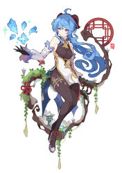 Rule 34 | 1girl, ahoge, architecture, bell, black bodysuit, black gloves, blue hair, bodystocking, bodysuit, breasts, closed mouth, collar, commentary, cowbell, detached sleeves, east asian architecture, full body, ganyu (genshin impact), genshin impact, gloves, horns, ice, ideolo, lantern, light blue hair, long hair, medium breasts, neck bell, pelvic curtain, purple eyes, shoes, signature, simple background, skin tight, smile, solo, thigh strap, white background, white footwear