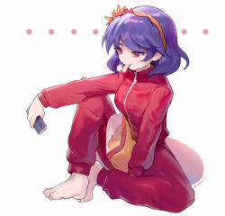 Rule 34 | 1girl, ainy, bad id, bad pixiv id, barefoot, chips (food), contemporary, controller, food, food in mouth, full body, hair ornament, jersey, leaf hair ornament, mouth hold, pants, potato chips, purple hair, red eyes, remote control, short hair, solo, sportswear, touhou, track pants, track suit, yasaka kanako, zipper