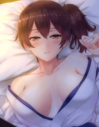 Rule 34 | 10s, 1girl, bare shoulders, breasts, breasts apart, brown eyes, brown hair, collarbone, jewelry, kaga (kancolle), kantai collection, large breasts, light smile, lying, off shoulder, on back, on bed, portrait, ring, rockmanwjh, seductive smile, side ponytail, smile, solo, sweat