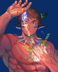Rule 34 | 1boy, 1hkujlog, animal ears, arm up, bara, blue background, brown hair, commentary, cow boy, cow ears, cow horns, crack of light, dark-skinned male, dark skin, eye black, facial hair, feather necklace, fiery horns, flower, forked eyebrows, glowing, goatee, half-closed eye, hand on own chest, highres, horns, jewelry, large pectorals, male focus, multicolored hair, muscular, muscular male, necklace, nipples, obliques, parted lips, pectorals, short hair, simple background, solo, thick eyebrows, tokyo houkago summoners, twitter username, two-tone hair, upper body, wakan tanka, white hair