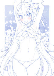 Rule 34 | 1girl, armpits, arms up, asymmetrical bangs, blue theme, blush, bow, bow panties, braid, braided bangs, brooch, bug, butterfly, butterfly hat, commentary, cowboy shot, cropped shirt, crotch seam, cure butterfly, flower, frilled shirt, frills, groin, highres, hijiri ageha, hirogaru sky! precure, insect, jewelry, long hair, looking at viewer, magical girl, miyagoe yoshitsuki, monochrome, navel, no pants, open mouth, outside border, panties, precure, shirt, sleeveless, sleeveless shirt, smile, solo, spot color, standing, thigh gap, tilted headwear, underwear, very long hair