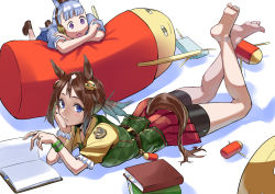 Rule 34 | 2girls, absurdres, animal ears, bike shorts under skirt, blue eyes, bookmark, brown hair, commentary request, frilled sleeves, frills, genderswap, genderswap (mtf), gintama, gold ship (umamusume), hat, headgear, highres, horse ears, horse girl, horse tail, imuka041, just a way (racehorse), justaway, loafers, long hair, looking at viewer, medium hair, multiple girls, name connection, original, personification, puffy short sleeves, puffy sleeves, purple eyes, red skirt, school uniform, shoes, short ponytail, short sleeves, sidelocks, skirt, tail, tracen school uniform, umamusume, vest, wristband