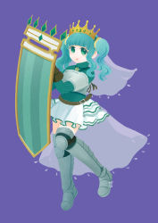 Rule 34 | 1girl, aqua hair, aqua sweater, armor, armored boots, bad id, bad tumblr id, belt, blunt bangs, boots, breastplate, brown belt, brown gloves, crown, fold-over gloves, frilled skirt, frills, full body, futaba sana, gem, gera-magia, gloves, green eyes, green gemstone, highres, holding, holding shield, jewelry, knee pads, knees together feet apart, long sleeves, looking at viewer, magia record: mahou shoujo madoka magica gaiden, magical girl, mahou shoujo madoka magica, medium hair, miniskirt, necklace, parted lips, purple background, ribbed sweater, shield, sidelocks, simple background, skirt, solo, sweater, thigh boots, thighhighs, turtleneck, turtleneck sweater, twintails, veil, wavy hair, white skirt, zettai ryouiki