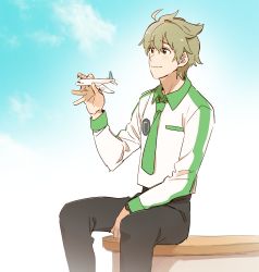 Rule 34 | 10s, 1boy, ahoge, aircraft, airplane, bad id, bad twitter id, bench, black pants, cloud, cloudy sky, commentary request, day, green eyes, green hair, hair between eyes, highres, holding, idolmaster, idolmaster side-m, kashiwagi tsubasa, long sleeves, male focus, model, necktie, pants, pito (sh02327), shirt, short hair, sky, smile, solo, watch, wristwatch