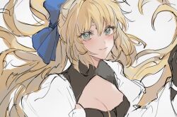 Rule 34 | 1girl, artoria caster (fate), artoria caster (third ascension) (fate), artoria pendragon (fate), black gloves, blonde hair, blue bow, blush, bow, bracelet, breasts, closed mouth, dress, fate/grand order, fate (series), gloves, green eyes, hair bow, jewelry, long hair, long sleeves, looking at viewer, medium breasts, diamond (shape), smile, white background, white dress, yurumawari