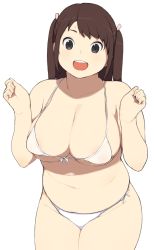 Rule 34 | 1girl, accio, bad id, bad pixiv id, bare shoulders, bikini, black eyes, breasts, brown eyes, brown hair, cleavage, forearms at chest, highres, large breasts, long hair, looking back, navel, open mouth, original, plump, revision, simple background, smile, solo, sweat, swimsuit, tanuma miyuki, thick thighs, thighs, two side up, white background, white bikini