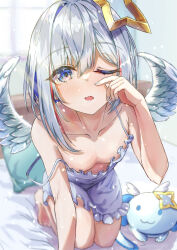 Rule 34 | 1girl, amane kanata, angel, angel wings, bare shoulders, barefoot, blue eyes, blue hair, camisole, collarbone, colored inner hair, flat chest, grey hair, halo, highres, hololive, multicolored hair, one eye closed, open mouth, pillow, qussie, short hair, solo, star halo, strap slip, upao (amane kanata), virtual youtuber, waking up, wings