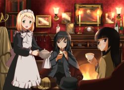 Rule 34 | 3girls, :d, alternate costume, anabuki tomoko, apron, black dress, black eyes, black hair, blonde hair, blue eyes, blunt bangs, blush, book, bookshelf, bottle, bow, candle, chair, clock, coat rack, cosplay, cup, dress, elizabeth f. beurling, elma leivonen, enmaided, fire, fireplace, frills, green eyes, hat, holding, indoors, jacket, john hamish watson, john hamish watson (cosplay), john watson, kaneko (novram58), key, light, long hair, long sleeves, maid, maid apron, maid headdress, marie hudson, martha louise hudson, martha louise hudson (cosplay), multiple girls, open mouth, pants, photo (object), pipe in mouth, sherlock holmes, sherlock holmes (cosplay), short hair, sitting, smile, smoking pipe, strike witches, strike witches: suomus misfits squadron, teacup, teapot, the adventures of sherlock holmes, white bow, wine bottle, world witches series
