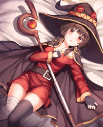 Rule 34 | 1girl, :o, absurdres, asymmetrical legwear, bandaged leg, bandages, bed sheet, belt, belt buckle, black cape, black hat, black thighhighs, blunt bangs, blush, breasts, brown hair, buckle, cape, commentary request, dress, from above, hand on own chest, haneiro, hat, highres, huge filesize, kono subarashii sekai ni shukufuku wo!, long sleeves, looking at viewer, lying, medium breasts, megumin, mismatched legwear, on back, orb, parted lips, red dress, red eyes, short hair with long locks, sidelocks, single thighhigh, solo, staff, thigh gap, thighhighs, witch hat