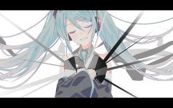 Rule 34 | 1girl, bad id, bad pixiv id, bare shoulders, blue hair, blue nails, blue necktie, blush, close-up, closed eyes, collared shirt, detached sleeves, eyelashes, fingernails, grey shirt, hair between eyes, hatsune miku, head tilt, headset, heart, heart on chest, highres, holding, holding heart, letterboxed, light smile, long hair, nail polish, naomasap, necktie, number tattoo, parted lips, see-through, shirt, shoulder tattoo, sidelocks, simple background, sleeveless, sleeveless shirt, solo, tattoo, twintails, unknown mother goose (vocaloid), upper body, very long hair, vocaloid, white background
