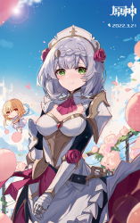 Rule 34 | 2girls, absurdres, armor, ascot, blue sky, blush, breasts, closed mouth, cowboy shot, dated, day, dress, flower, gauntlets, genshin impact, green eyes, grey hair, hair flower, hair ornament, highres, looking at viewer, lumine (genshin impact), maid, medium breasts, medium hair, mini person, minigirl, multiple girls, noelle (genshin impact), petals, pink flower, red ascot, red flower, shoulder armor, sky, smile, standing, v arms, white dress, yajuu