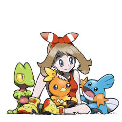 Rule 34 | 1girl, bare shoulders, blacknirrow, blue eyes, breasts, brown hair, closed mouth, commentary, creatures (company), english commentary, game freak, gen 3 pokemon, hairband, long hair, may (pokemon), medium breasts, mudkip, nintendo, pokemon, pokemon (creature), pokemon oras, red hairband, red tank top, simple background, sitting, smile, split mouth, starter pokemon trio, tank top, torchic, treecko, white background
