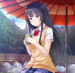 Rule 34 | 1girl, black hair, blue skirt, blunt bangs, blush, bow, bowtie, breasts, closed mouth, collared shirt, dress shirt, highres, holding, long hair, medium breasts, nekonyan, outdoors, parasol, plaid, plaid skirt, prekano, red bow, red bowtie, red eyes, school uniform, shirt, short sleeves, sitting, skirt, smile, solo, straight hair, sweater, sweater vest, umbrella, very long hair, white shirt, wing collar, yellow sweater