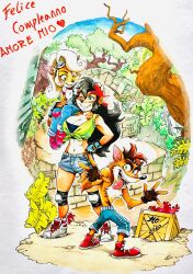 1boy 2girls bandicoot_girl black_hair blonde_hair blue_eyes coco_bandicoot crash_bandicoot crash_bandicoot_(series) furry furry_female green_eyes highres jungle midriff multiple_girls nature red_hair tina_otto twistedterra