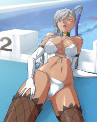 Rule 34 | 00s, 1girl, bikini, breasts, cady, cameltoe, choker, cleavage, code geass, covered erect nipples, dark-skinned female, dark skin, elbow gloves, fishnets, gloves, large breasts, navel, open mouth, silver hair, solo, swimsuit, thighhighs, villetta nu, white bikini, yellow eyes