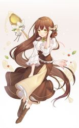 Rule 34 | 1girl, :d, absurdres, blush, boots, breasts, brown footwear, brown hair, brown skirt, floating hair, flower, food, food fantasy, frilled sleeves, frills, full body, gloves, gradient background, green eyes, green neckwear, hair flower, hair ornament, hair ribbon, hand up, highres, ion (on01e), juliet sleeves, leaf, long hair, long skirt, long sleeves, looking at viewer, medium breasts, open mouth, puffy sleeves, ribbon, shirt, sidelocks, skirt, smile, solo, staff, tiramisu (food fantasy), underbust, very long hair, white flower, white gloves, white shirt