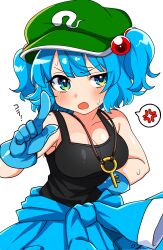 Rule 34 | 1girl, anger vein, bare arms, bare shoulders, blue hair, blush, breasts, cleavage, clothes around waist, collarbone, gloves, green hat, hair bobbles, hair ornament, hand up, hat, highres, ishiki nuru, kawashiro nitori, key, looking at viewer, medium breasts, one-hour drawing challenge, open mouth, simple background, solo, spoken anger vein, sweat, touhou, uneven eyes, v, v-shaped eyebrows, white background
