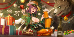Rule 34 | 1girl, absurdres, animal, bear, beer mug, bell, bottle, bow, box, breasts, brown eyes, canking, character request, chicken leg, christmas, christmas ornaments, christmas tree, cleavage, commentary request, cup, drumsticks, epaulettes, final blade, foam, food, gift, gift box, green eyes, green jacket, hair between eyes, hat, highres, holding, holding cup, holding food, jacket, large breasts, long sleeves, merry christmas, mug, open clothes, open jacket, open mouth, peaked cap, purple hair, scar, scar on face, short hair, solo, star (symbol), white bow, white hat
