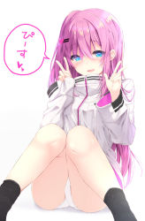 Rule 34 | 1girl, :d, black socks, blue eyes, blush, breasts, commentary request, double v, feet out of frame, hair between eyes, hair ornament, hairclip, hands up, heart, heart hair ornament, high collar, highres, jacket, knees together feet apart, knees up, kouda suzu, long hair, long sleeves, one side up, open mouth, original, panties, pinching sleeves, pink hair, shadow, sitting, sleeves past wrists, small breasts, smile, socks, solo, underwear, v, very long hair, white background, white jacket, white panties