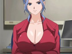 Rule 34 | 00s, 1girl, animated, animated gif, blue eyes, blue hair, bouncing breasts, breast hold, breasts squeezed together, breasts, business suit, cleavage, crossed arms, formal, hair up, huge breasts, large breasts, lowres, makimura ryouko, mature female, open clothes, open shirt, screencap, shirt, suit, tokubetsu byoutou