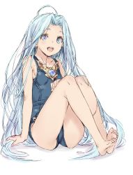 Rule 34 | 10s, 1girl, ahoge, arm support, bad id, bad twitter id, bare shoulders, barefoot, blue eyes, blue hair, blue one-piece swimsuit, blush, child, commentary request, feet, feet together, full body, granblue fantasy, kawata hisashi, long hair, looking at viewer, lyria (granblue fantasy), one-piece swimsuit, open mouth, school swimsuit, simple background, sketch, smile, soles, solo, swimsuit, toes, very long hair, white background