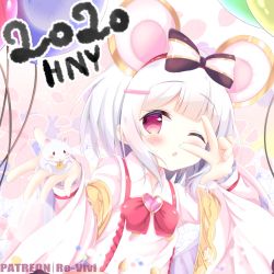 Rule 34 | 1girl, 2020, animal, animal ears, balloon, blush, bow, brooch, cheese, collared shirt, commentary request, fingernails, food, granblue fantasy, hair bow, hair ornament, hairclip, happy new year, heart, heart brooch, holding, holding animal, jewelry, long sleeves, mouse (animal), mouse ears, nail polish, new year, one eye closed, parted lips, petals, purple nails, red bow, red eyes, renew vivi, shirt, solo, striped, striped bow, upper body, v over eye, vikala (granblue fantasy), white hair, white shirt, wide sleeves