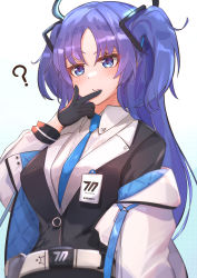 Rule 34 | 1girl, ?, absurdres, belt, black gloves, black jacket, blazer, blouse, blue archive, blue eyes, blue hair, blue necktie, blush, closed mouth, clothes pull, finger to mouth, formal, gloves, hair ornament, hairclip, halo, highres, id card, jacket, jacket pull, long hair, looking away, muteppona hito, necktie, shirt, solo, suit, twintails, upper body, white background, white jacket, white shirt, yuuka (blue archive)