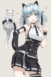 Rule 34 | 1girl, :p, animal ears, armpits, bare shoulders, belt, black skirt, black tail, black thighhighs, blue eyes, blue hair, breasts, cat, cat day, cat ears, cat girl, cat tail, collar, cowboy shot, garter straps, gloves, hair ornament, hand on own hip, high-waist skirt, highres, klem, looking at viewer, medium breasts, medium hair, necktie, original, paw pose, paw print, pleated skirt, short necktie, sidelocks, single glove, single thighhigh, skirt, sleeveless, solo, standing, suspenders, tail, thighhighs, tongue, tongue out, twintails, white belt, white cat