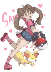 Rule 34 | 10s, 1girl, alternate color, back, bag, blush, boots, bow, brown hair, character name, chocho (homelessfox), creatures (company), dated, denim, denim shorts, earrings, female focus, fennekin, frilled legwear, frills, full body, game freak, gen 6 pokemon, green eyes, handbag, happy, heart, hip focus, jewelry, kneepits, leg up, legs, long hair, looking at viewer, nintendo, open mouth, poke ball, pokemon, pokemon (creature), pokemon xy, quad tails, shauna (pokemon), shiny skin, short shorts, shorts, simple background, sketch, smile, teeth, tongue, white background, wide hips