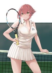 Rule 34 | 1girl, breasts, brown hair, cleavage, commentary request, cowboy shot, green eyes, highres, holding, holding racket, jouzaburou (joe3), kantai collection, large breasts, mutsu (kancolle), pleated skirt, racket, shirt, short hair, skirt, sleeveless, sleeveless shirt, solo, sportswear, tennis net, tennis racket, tennis uniform, white shirt, white skirt