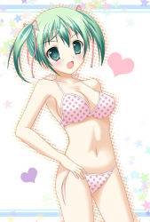 Rule 34 | bad id, bad pixiv id, bikini, fang, green eyes, green hair, hand on own hip, hip focus, marble (aozorayoshino), polka dot, polka dot bikini, polka dot swimsuit, short hair, solo, swimsuit, twintails