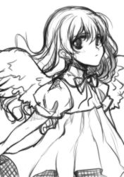 Rule 34 | 1girl, dress, expressionless, eyebrows, greyscale, hara takehito, looking at viewer, monochrome, period, puffy short sleeves, puffy sleeves, ribbon, short hair, short sleeves, simple background, sketch, solo, upper body, white background, wings