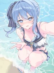 Rule 34 | 1girl, @ @, arm up, armpit crease, barefoot, beach, bikini, blue bikini, blue eyes, blue hair, blue nails, blue ribbon, blush, breasts, collarbone, commentary request, day, dutch angle, eyelashes, feet, foot out of frame, frilled bikini, frills, gold trim, hair ribbon, hand on own knee, highres, holding, hololive, hololive summer 2023 swimsuit, hoshimachi suisei, kohaku (csacu), long hair, looking at viewer, nail polish, navel, open mouth, outdoors, ribbon, selfie, shadow, side ponytail, sidelocks, small breasts, smile, solo, squatting, star (symbol), star in eye, swimsuit, symbol in eye, thighs, toenail polish, toenails, toes, two-tone bikini, v, virtual youtuber, wading, water, wet, white bikini