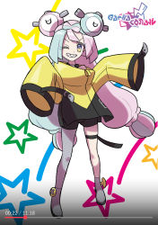 Rule 34 | 1girl, absurdres, black shorts, boots, character hair ornament, commentary request, creatures (company), fubo (fubo 0623), full body, game freak, green hair, grey footwear, grey pantyhose, grin, hair ornament, highres, iono (pokemon), jacket, long hair, multicolored hair, nintendo, one eye closed, pantyhose, pink hair, pokemon, pokemon sv, sharp teeth, shorts, single leg pantyhose, sleeves past fingers, sleeves past wrists, smile, solo, standing, star (symbol), teeth, thigh strap, timeline, twintails, two-tone hair, yellow jacket