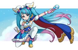 Rule 34 | 1girl, ahoge, blue eyes, blue hair, bow, brooch, cape, commentary, cure sky, detached sleeves, earrings, english commentary, fingerless gloves, gloves, gradient hair, highres, hirogaru sky! precure, jewelry, magical girl, multicolored hair, pink bow, pink hair, precure, puffy detached sleeves, puffy sleeves, rosa (minkyrosa), single sidelock, sky mirage, solo, sora harewataru, thighhighs, twintails, two-sided cape, two-sided fabric, white gloves, white thighhighs, wing brooch, wing hair ornament