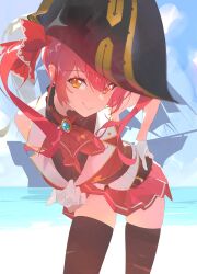 Rule 34 | 1girl, bare shoulders, breasts, cleavage, gloves, hair ribbon, hat, heterochromia, highres, hololive, houshou marine, koyo2023, long hair, looking at viewer, red eyes, red hair, ribbon, skirt, smile, solo, thighhighs, twintails, virtual youtuber, yellow eyes