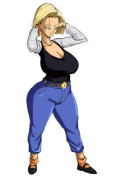 Rule 34 | 1girl, android 18, belt, black shirt, blonde hair, blue eyes, blue pants, breasts, cleavage, denim, dragon ball, dragonball z, earrings, full body, highres, jeans, jewelry, large breasts, panarandom, pants, shirt, shoes, solo, standing