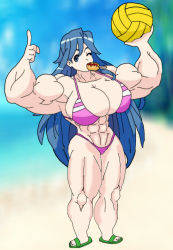 Rule 34 | 1girl, abs, absurdres, ball, beach, beachball, bikini, blue eyes, blue hair, breasts, character request, copyright request, corn dog, highres, large breasts, muscular, muscular female, one eye closed, sandals, solo, swimsuit, thick thighs, thighs