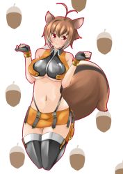 Rule 34 | 1girl, animal ears, arc system works, blazblue, blazblue: continuum shift, breasts, brown hair, female focus, full body, highres, large breasts, makoto nanaya, red eyes, solo, squirrel ears, squirrel tail, tail, tumekui, underboob, white background