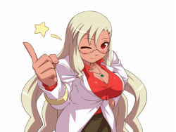 Rule 34 | 1girl, aq interactive, arcana heart, arcana heart 2, atlus, blonde hair, breasts, cleavage, dark-skinned female, dark skin, examu, female focus, glasses, hair ornament, hairclip, jewelry, large breasts, long hair, misao (kami no misoshiru), necklace, one eye closed, parace l&#039;sia, red eyes, simple background, smile, solo, white background, wink