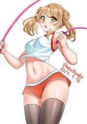 Rule 34 | 1girl, absurdres, alternate costume, black thighhighs, brown eyes, cowboy shot, dated, double bun, hair bun, highres, jump rope, kantai collection, katou shinobu, light brown hair, medium hair, michishio (kancolle), navel, one-hour drawing challenge, red shorts, shorts, simple background, solo, standing, tank top, thighhighs, twitter username, white background, white tank top