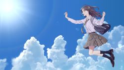 Rule 34 | 1girl, aiko (aiko 54), bag, black hair, black socks, blue sky, brown skirt, cloud, cloudy sky, collared shirt, commentary request, day, full body, green eyes, highres, jumping, loafers, long hair, long sleeves, necktie, open mouth, original, outdoors, plaid, plaid skirt, pleated skirt, school bag, school uniform, shirt, shoes, shoulder bag, skirt, sky, smile, socks, solo, vertical-striped clothes, vertical-striped necktie, white shirt, wing collar, yellow necktie