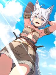 Rule 34 | 1girl, ahoge, animal ears, armpits, belt, blue belt, blue eyes, blue sky, blush, breasts, brown choker, brown skirt, brown sleeves, character request, choker, cloud, collarbone, commentary request, cowboy shot, detached sleeves, fantasy earth zero, fringe trim, from below, hair between eyes, highres, lens flare, looking at viewer, looking down, masaki shino, medium bangs, navel, open mouth, scout (fantasy earth), scout (lakota outfit) (fantasy earth zero), short hair, single detached sleeve, skirt, sky, small breasts, smile, solo, tail, teeth, tongue, upper teeth only, white hair, wolf ears, wolf girl, wolf tail