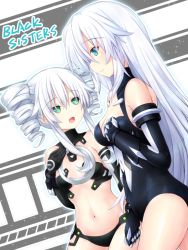 Rule 34 | 2girls, black gloves, black heart (neptunia), black leotard, black sister, blue eyes, breasts, drill hair, elbow gloves, flat chest, gloves, green eyes, grey hair, hair between eyes, happy, joney, leotard, long hair, looking at another, looking at viewer, medium breasts, multiple girls, navel, neptune (series), noire (neptunia), open mouth, power symbol, power symbol-shaped pupils, siblings, sisters, small breasts, smile, symbol-shaped pupils, twin drills, twintails, uni (neptunia)