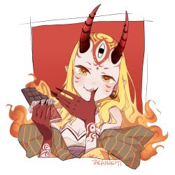 Rule 34 | 1girl, artist name, bare shoulders, black nails, blonde hair, candy, chocolate, chocolate bar, facial mark, fang, fate/grand order, fate (series), licking finger, fingernails, food, hands up, highres, holding, holding chocolate, holding food, horns, ibaraki douji (fate), japanese clothes, kimono, licking, long hair, looking at viewer, nail polish, neko (takanashi), oni, pointy ears, red background, sharp fingernails, smile, solo, tongue, tongue out, upper body, very long fingernails, yellow eyes