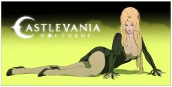 Rule 34 | 1girl, absurdres, arm support, black dress, black footwear, blonde hair, breasts, castlevania: nocturne, castlevania (netflix), castlevania (series), cleavage, collarbone, copyright name, cosplay, dress, elvira, elvira (cosplay), female focus, full body, high heels, highres, large breasts, logo, long hair, long sleeves, looking at viewer, lying, nail, on side, red lips, red nails, smile, solo, tera (castlevania), thighs