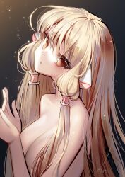 Rule 34 | 1girl, absurdres, ankkoyom, black background, blonde hair, brown eyes, chii, chobits, completely nude, covered erect nipples, hair tubes, highres, light particles, long hair, looking at viewer, nude, open mouth, robot, robot ears, wishing