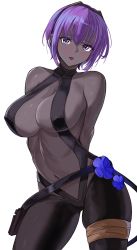 Rule 34 | 1girl, absurdres, bad id, bad pixiv id, bare shoulders, black gloves, black hairband, black leotard, blush, breasts, center opening, cleavage, dark-skinned female, dark skin, fate/prototype, fate/prototype: fragments of blue and silver, fate (series), fingerless gloves, gloves, hairband, hassan of serenity (fate), highres, large breasts, leggings, leotard, looking at viewer, loooyd, navel, open mouth, purple eyes, purple hair, short hair, sidelocks, solo