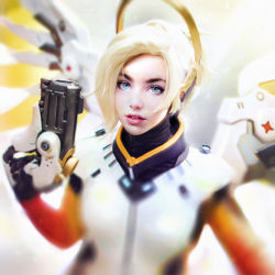 Rule 34 | 1girl, armor, black gloves, blonde hair, blue eyes, blurry, bodysuit, breastplate, commentary, depth of field, derivative work, gloves, gun, halo, hand up, handgun, headgear, high ponytail, holding, holding gun, holding weapon, irakli nadar, lips, lipstick, long sleeves, looking at viewer, makeup, mechanical halo, mechanical wings, mercy (overwatch), nose, overwatch, overwatch 1, parted lips, photo-referenced, pink lips, ponytail, realistic, short hair, smile, solo, spread wings, turtleneck, upper body, weapon, wings, yellow wings